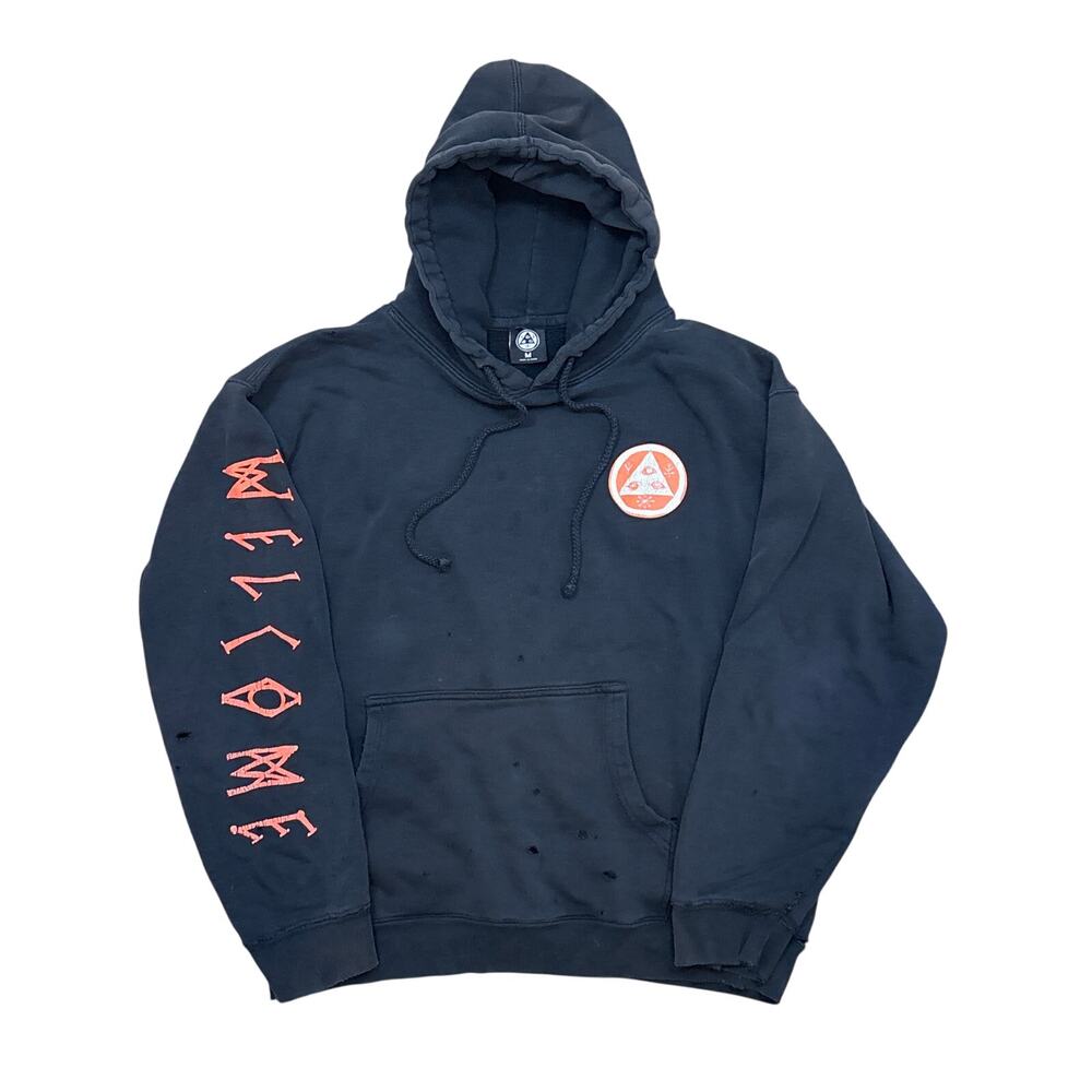 Black Pullover Hoodie with Coral Graphic Sleeve and Chest Patch